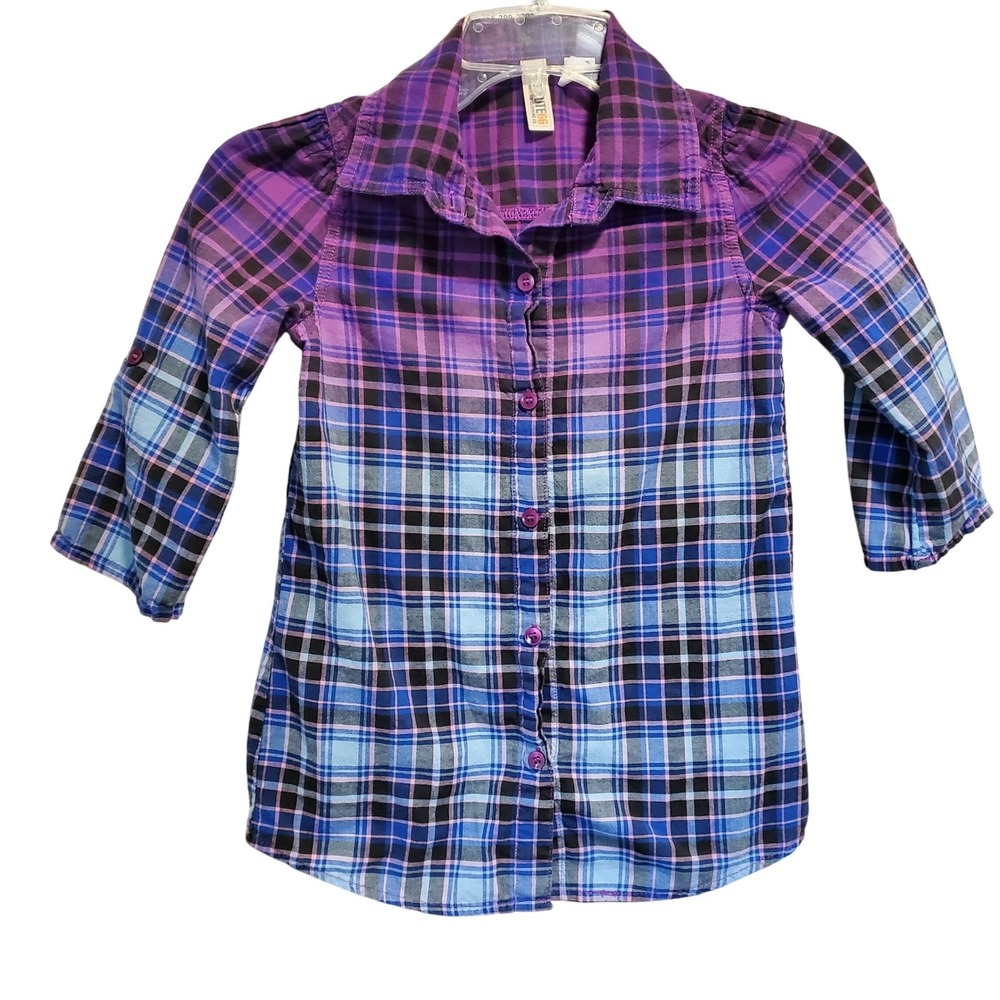 Route 66 Girls Plaid Shirt Purple Blue Ombre Roll Tab Sleeve Size M 7 8